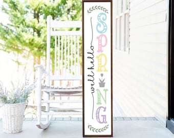 BEST SELLER | Well Hello Spring Colorful Porch Sign Wood Framed Farmhouse Sign Easter Spring Decor Sign