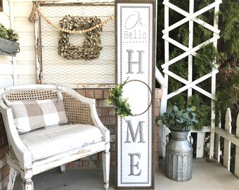 GORGEOUS Oh Hello Home with Greenery Wreath Wood Porch Farmhouse Sign