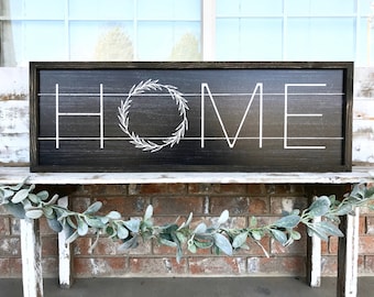 Rustic Primitive HOME Sign with Wreath Wood Framed Farmhouse Sign