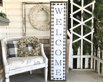 Welcome Buffalo Plaid Farmhouse Magnolia Spring Summer Porch Sign