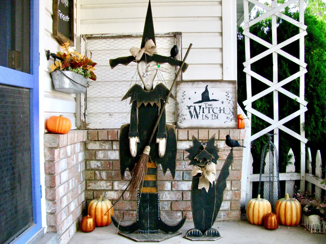 Witch and Cat Porch Statue Halloween Porch Figure Decor - Etsy