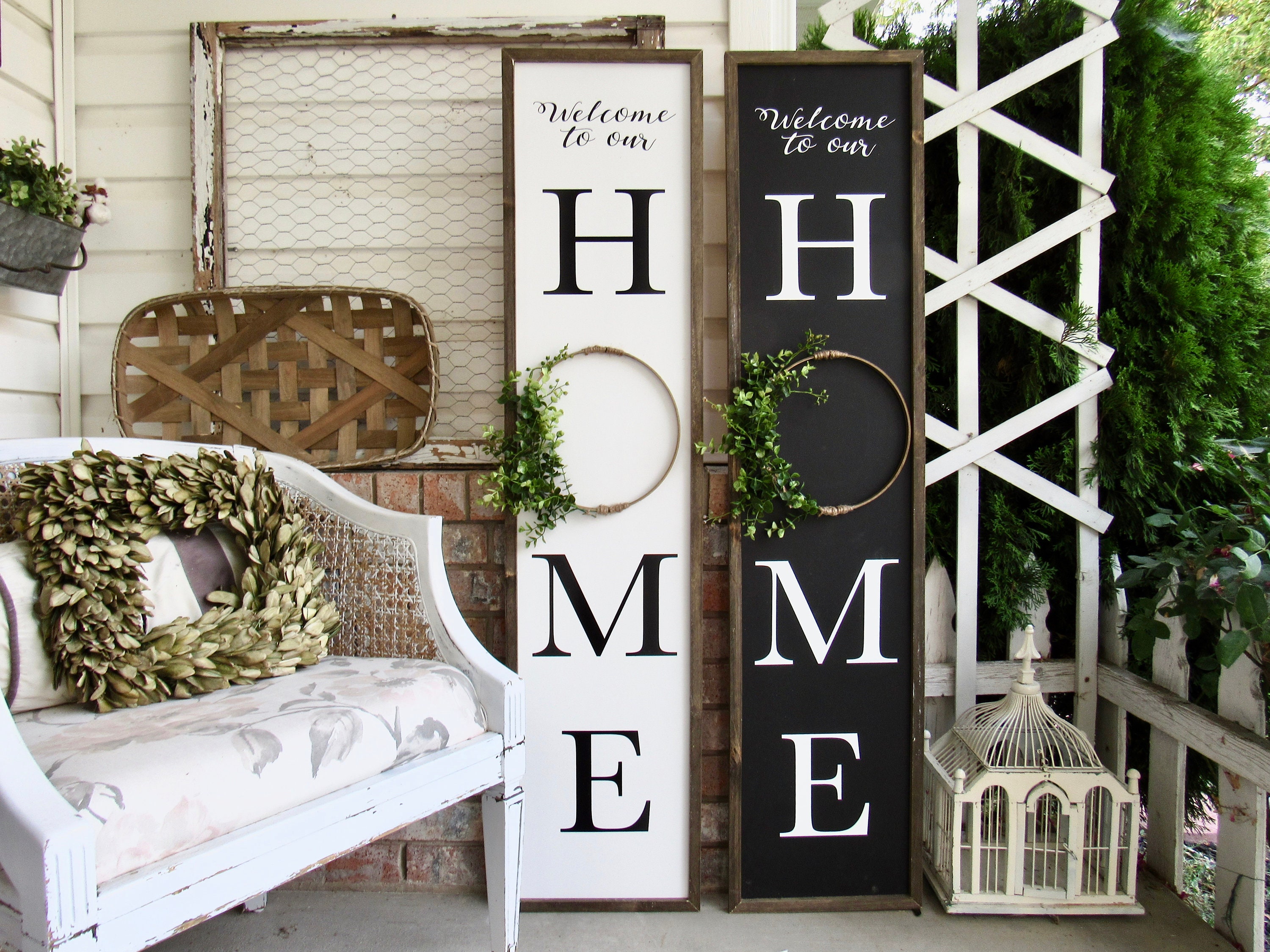 HOME Porch Sign with greenery wreath framed porch sign Etsy