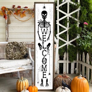 Halloween Skeleton Welcome Porch Wood Framed Farmhouse Sign