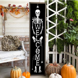 Halloween Skeleton Welcome Porch Wood Framed Farmhouse Sign