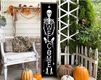 Halloween Skeleton Welcome Porch Wood Framed Farmhouse Sign