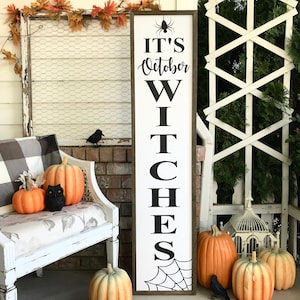 Lindo letrero y decoración de madera para porche con la frase “Es octubre”, de Halloween, en blanco o negro