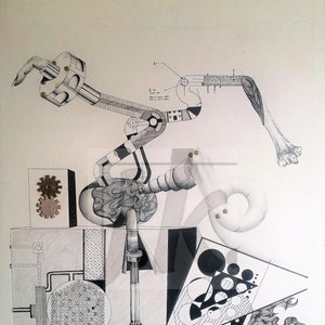 May include: Black and white abstract illustration featuring mechanical and geometric shapes. The artwork includes gears, a stylized arm, and a variety of patterns. The composition is a mix of technical drawing and artistic expression.