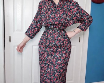 1980's Floral Midi Dress: All American Girls x Jou Jou, Black Rayon, Belted Waist