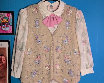Vintage Jenny Dainty Floral Embroidered Pearl Knit Buttoned Sweater Vest