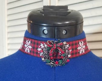 Christmas wreath broach on red/black plaid ribbon choker collar