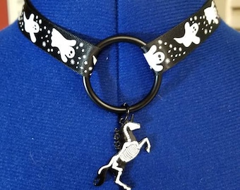 Spooky ghosts ribbon collar with unicorn,  bell or skull.  Locking