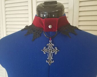 Red velvet and black lace gothic cross choker collar