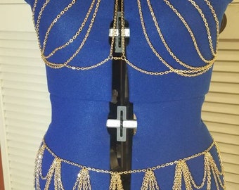 Gold Arabian belly dancer chest harness cage bra and chain skirt