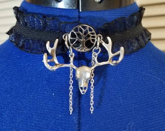 Black ribbon choker collar with tree of life, moose skull and optional gemstone heart