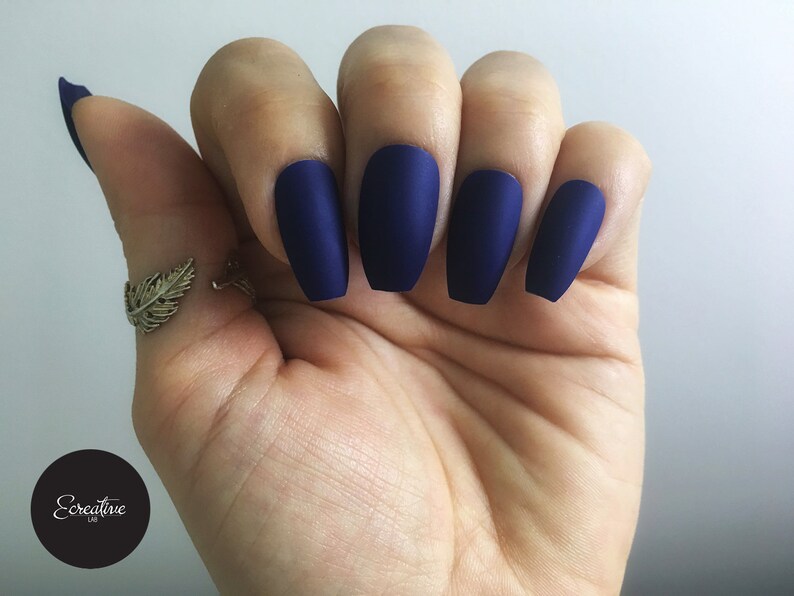 Matte Midnight Blue Press On Nails Coffin Full Set Fake Nails False Nails Glue On Nails Ready To Ship