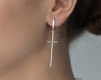SILVER CROSS EARRING, Cross Sign Earrings, Lightweight Sterling Silver Cross Hoop Earrings, Religious Earrings Gift For Christmas