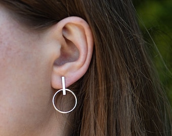 BAR HOOP EARRINGS, Designer Earrings, Geometric Silver Drop Hoop Earrings, Lightweight Statement Earrings Gift For Wife
