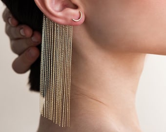 Sterling silver,  cuff earrings, chain ear wrap earring, long dangle chain earring, fringe earring, bridal ear cuff, no pierce ear cuff