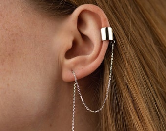 CHAIN CUFF EARRINGS, Gold Ear Cuff, Lightweight White Gold Cuff Earrings With Chain, Statement Designer Earrings For Women