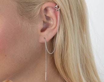 Chain ear cuff, sterling silver ear cuff, threader earrings, long silver chain with cuff,long threader earrings, ear cuff and chain earrings