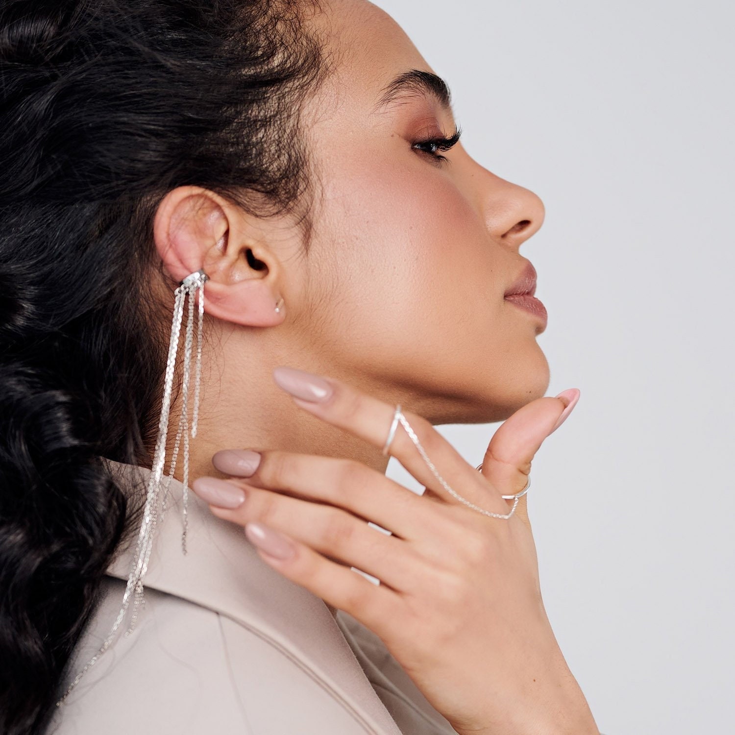 Wrap earrings, unique silver ear cuff, silver ear cuff no piercing, ear cuff chain, long silver ear cuff, ear wrap earrings
