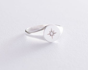 Sterling silver Cz North Star Ring, Statement Polaris Signet Ring, Starburst Signet Ring, Delicate CZ Ring, Silver Statement Ring