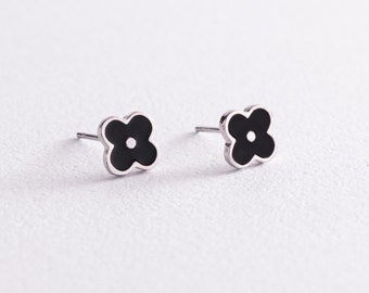 CLOUS QUATRE FEUILLES, Clous d'oreilles porte-bonheur, Clous d'oreilles porte-bonheur en argent sterling trèfle noir, Clous d'oreilles porte-bonheur pour femme