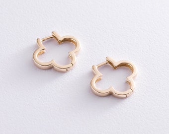 SHAMROCK EARRINGS, CLOVER Hoop Earrings, Yellow Gold Huggie Hoop Good Luck Earrings, Four Leaf Designer Earrings Gift For Girls