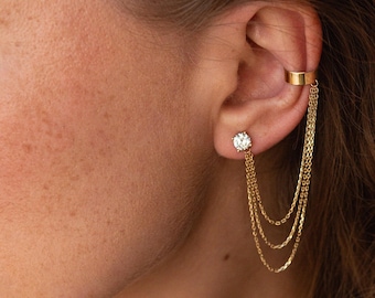 Yellow Gold Ear Cuff Chain Earrings, Gold Long Chain Ear Cuffs, CZ Wrap Chain Earring, Hoop Ear cuff, Gold Cartilage Hugging Cuff