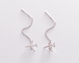Silver airplane earrings, flight attendant gift, traveler earrings, sterling silver airplane earrings, short threader earrings