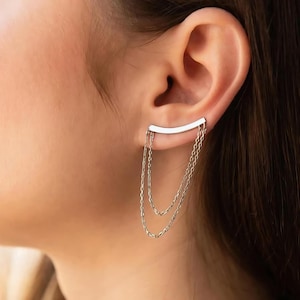 LANGER KLINGENOHRRING, Kettenohrring, einzelner Bergsteigerohrring aus Silber mit Ketten für das linke Ohr, minimalistischer Ohrkletterer für Frauen
