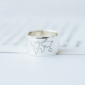 Anillos abiertos bohemios con diseño de mapa del mundo para mujer, joyería artesanal de plata, anillos personalizados clásicos de moda bohemia, banda de plata con estilo único para mujer