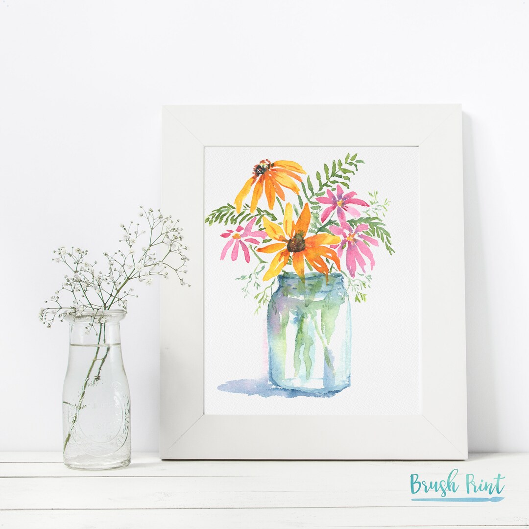 Wildflowers in Mason Jar Downloadable Art Print Printable Etsy