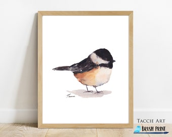 Watercolor Bird Print, Black-capped Chickadee, Downloadable Wall Art, Gift for her, Black and White Bird Print, Instant Download Bird