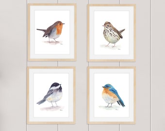 Set of 4 Bird Prints, Watercolor Birds, Downloadable Prints, Printable Art, Gift for Her, Bluebird, Robin, Chickadee, Warbler