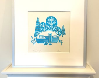 Retro Camper Linoprint - Original Hand-printed  Relief print - Hand-Printed Linocut - Turquoise Vintage Teardrop Camper