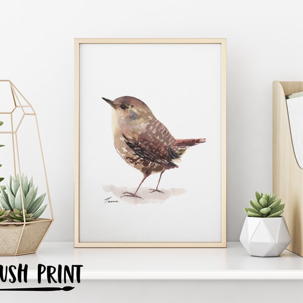 Watercolor Bird painting of Wren, Cute Bird Print,  Printable Bird Art, Instant Download, Wall Art, Gift for Her