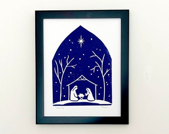 Nativity  Linoprint - Decor Linocut - Original Lino Print - Navy Blue Block Print - Christian Art- Hand Printed