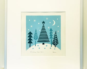 Christmas Tree Farm  - Original Artwork Lino Print - Block Print - Whimsical Art- Hand Printed, Retro Christmas