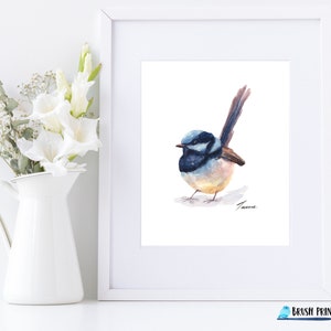 Watercolor Bird, Superb Fairywren, Printable Artwork, Instant Download, Wall Art, Gift for Her