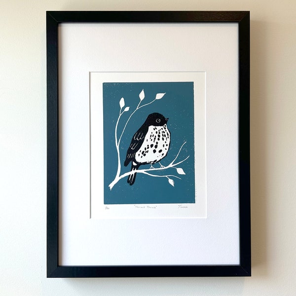 Bird Lino Print - Hermit Thrush-  Relief Print - Contemporary Art Linocut Print -  Hand Printed - Limited Edition Signed Print