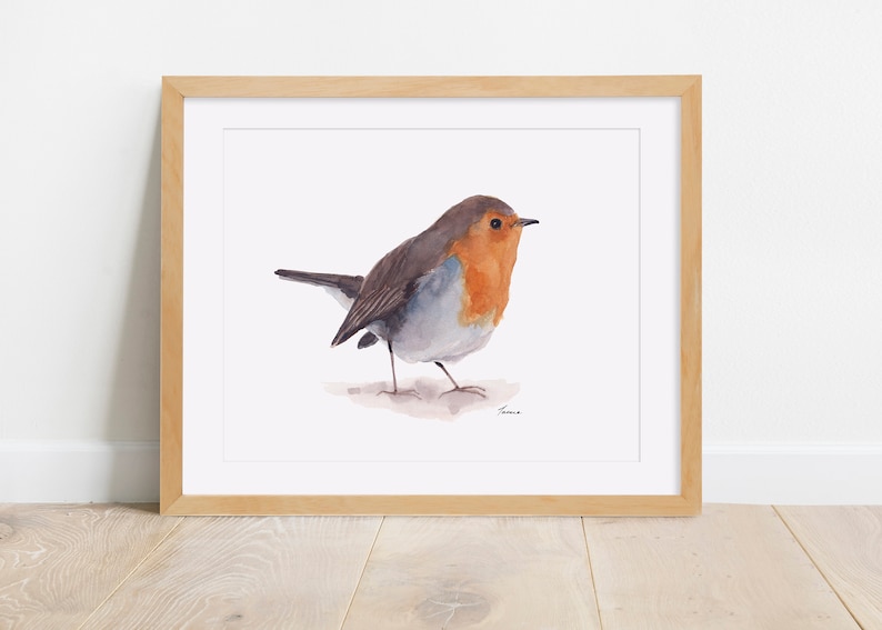 May include: Watercolor painting of a robin bird with a brown head, gray wings, and a red breast. The bird is standing on a light brown surface.