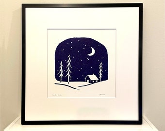 Winter Cabin with moon  Linoprint - Decor Linocut - Original Lino Print - Navy Blue Block Print - Mid Century Modern Art- Hand Printed