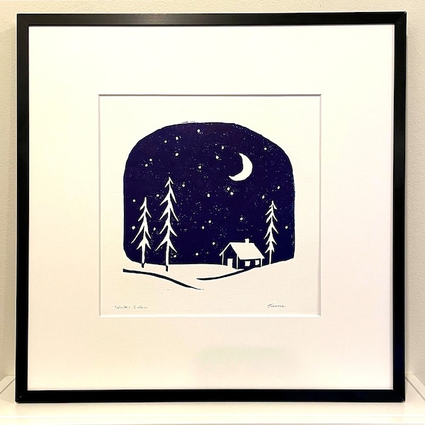 Cabane d’hiver avec lune Linoprint - Décor Linocut - Original Lino Print - Navy Blue Block Print - Mid Century Modern Art - Imprimé à la main