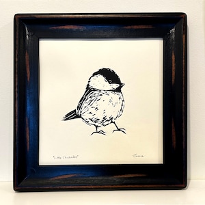 Bird Linocut Print - Cute Black Capped Chickadee - Hand Printed Linocut of Bird - Unframed Black and White Art Print
