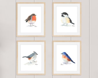 Set von 4 Vogeldrucken, Aquarellvögel, herunterladbare Drucke, druckbare Kunst, Geschenk für sie, Rotkehlchen, Meise, sofortiger Download