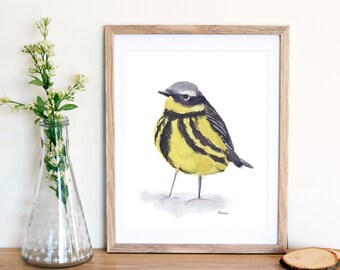 Impresión de pájaro de Magnolia Warbler, arte imprimible, pájaro amarillo y negro, impresión de pájaro colorido, arte de pared descargable, regalo para ella