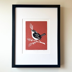 Carolina Wren Bird Linocut  Print - Contemporary Art Linocut Print - Mid Century Modern - Hand Printed - Limited Edition Signed Print