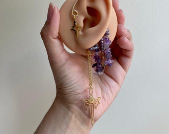 Gold Amethyst Sword Ear Cuffs
