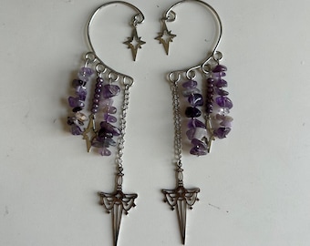 Silver Amethyst Sword Ear Cuffs